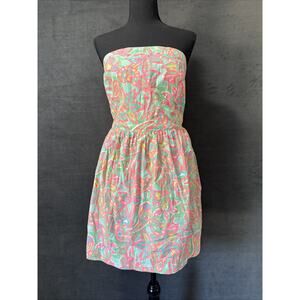 Lilly Pulitzer Chandie Strapless Dress Womens Large Make A Splash Sand Bar